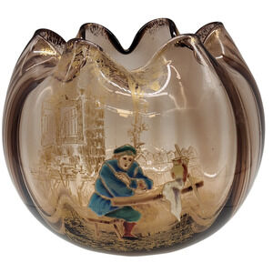 Moser Theodore Rossler Lt Brown Enameled Glass Rose Bowl Polished Pontil